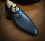 Handmade Leather Shoes men Blue & Black Shaded Whole cut Single Monk Strap