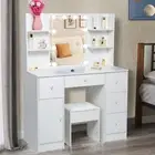 Makeup Vanity Table With 5 Drawers, Mirror & Stool & Crystal Handle For Bedroom
