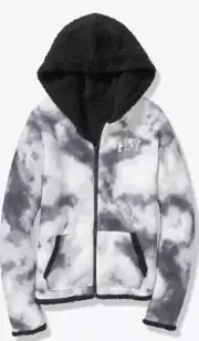 Victorias Secret PINK Bling Sherpa Reversable Full Zip Hoodie Black White -L