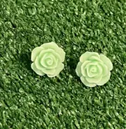 Handmade Button Earrings Stud Green Roses Flower Fabric Retro 80s Style NEW