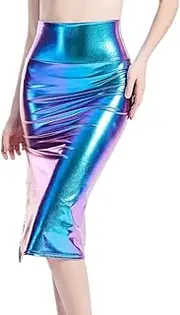 [TouKingda] Women's Shiny Midi Skirt, Metallic High Waist Bodycon Pencil Skirts, PVC Wet Look Split Side Midi Bodycon Club Dress