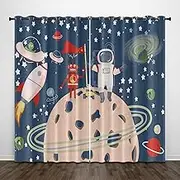 Exquisite Kids Blackout Curtains Cartoon Universe Rocket UFO 79x63 Inch Bedroom Eyelet Thermal Insulated Room Darkening Printed Curtains for Nursery,Set of 2 Panels