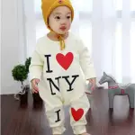 【時尚BABY】男寶寶長袖連身衣白色我愛紐約刷毛連身衣保暖連身衣(女新生兒女男嬰純棉冬季厚款連身衣)