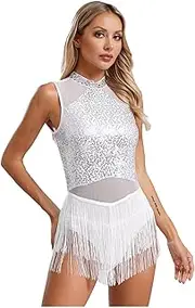 [Hedmy] Women's Sparkly Tassel Latin Dance Dress Fringe Bodysuit Sequins Salsa Tango Performance Costumes