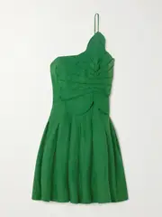 [Farm Rio] Farm Rio - Lea One-shoulder Pleated Linen-blend Mini Dress - Green - x small x small Green