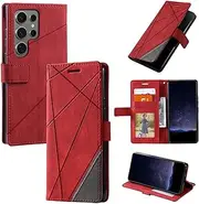 Design Piece of Leather-Like Wallet Phone Case for Samsung Galaxy S24 Ultra with Card Slots, Cash Pocket, Kickstand and Magnetic Lock (Red)