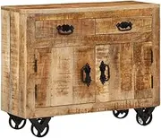 Sideboard Cabinet for Living Room, 80x30x65 cm, Solid Rough Mango Wood, Industrial Style with Cast Iron Wheels
