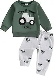 [PanLidapan] Toddler Baby Boy Fall Outfits Clothing Tractor Embroidery Print Long Sleeve Pullover Sweatshirts Elastic Waist Jogger Pants Sets 2Pcs Infant Boy Sweatsuit Tracksuit, Green, 12-18 Months