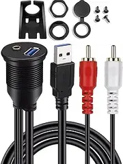 tunghey Flush Mount Cable Kit USB 3.0 Male to Female and 2 RCA Male to 3.5mm Female AUX Extension Cable Dashboard Panel Dash Mount Port (2rca 2m)