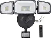 TONGLIN Security Light Outdoor, 4200LM 75LED Wiring Motion Sensor Lights, 42W 3-Head Angel Adjustable Flood Light with Remote Control, IP66 Waterproof Garden Light for Porch Patio Driveway Pathway