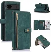 [UEEBAI] Wallet Case for Google Pixel 6a 5G, Vintage Premium PU Leather Cover Flip Case with Card Slots Magnetic Closure Zipper Pocket Kickstand Handbag with Hand Strap - Retro Grün