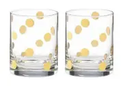 Kate Spade/Lenox PEARL PLACE Whiskey Double Glasses Gold Dot Set of 2, 12 oz