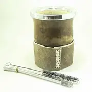 BONMATEI Calabash Yerba Mate cup - Handmade, Steel Rim & Leather Base, Includes Bombilla & Cleaning Brush - Artisan, Traditional Argentinian, Packaging with Yerba Storage. The Criollo Mate.