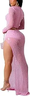 [LUXRUB] Women's Sexy 2 Pieces Skirt Outfit Sparkly Rhinestone Long Sleeve Crop Top See Through High Slit Hem Maxi Skirt Set (Color : Pink, Size : Medium)