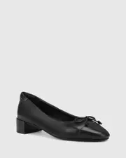 Barbra Black Leather Low Block Heel Flat.