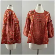Rachel Zoe Floral Boho Peasant Top Cottagecore Mixed Print Orange Small NWT
