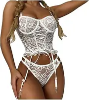 3FLQOOPP Women's Exotic Dresses Women Underwear Transparent Sexy Lingerie Lace Bra Underwear Bandage Pajamas Lingerie Set (White X)