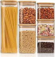 ComSaf Food Storage Canister with Airtight Bamboo Lids 1100/2150/600/800ml Set of 6, Square Clear Glass Food Jar with Sealing Lid Kitchen Pantry Storage Container for Spaghetti Pasta Sugar Beans