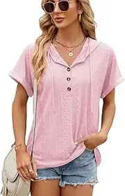 [Vidifid] Women's Casual Summer Hoodies Short Sleeve Drawstring Hoodies Tops Button Front V Neck Pullover T-Shirts Tops