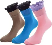 BIFOGOGE Women's Ruffle Frilly Turn-Cuff Lettuce Edge Cotton Ankle Crew Socks 3 Pairs
