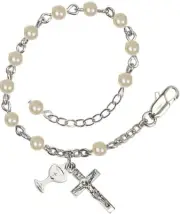 First Communion Imitation Pearl Rosary Bracelet w/ Chalice & Crucifix Silver