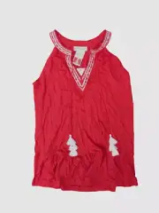 $80 Neiman Marcus Women's Red Plunge Tie-Front Embroidered Blouse Top Size S