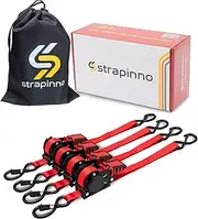 Strapinno Retractable Ratchet Straps 1 in x 10 ft, Secure Tie-Downs with Rubber-Coated Steel Handles, for Motorcycle, Jetski, Kayak, Breaking Strength 1,500LBS/680KG (Red Strap, Black Coated)