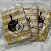 Vintage NOS Morgan-Jones 6 Yellow White Tan Plaid Kitchen Dish Towels Fringe