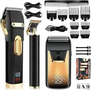 Black,Hair Clippers Set for Men, Professional Cordless Hair Clipper Shaver Beard Trimmer with LED Display, Hair Cutting Machine for Mustache, Body, Ear and Face, Gifts for Men