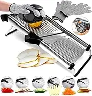 Mandoline Slicer, Vegetable Potato Slicer, Julienne Slicer, Onion Cutter, with Stainless Steel Adjustable Blade. Cut Resistant Gloves Included.