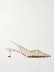 [Jimmy Choo] Jimmy Choo - Amita 45 Faux-pearl Embellished Leather-trimmed Mesh Slingback Pumps - White - IT36 IT 36 White