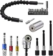 Flexible Drill Bit Extension Set & Universal Socket Tool, Bendable Drill Bit Extension, 3pcs Drill Bit Holder, 1/4 3/8 1/2" Universal Socket Adapter Set, 105° Right Angle Drill(22pcs Kit)