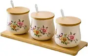 YMYL Set of 3 Ceramic Condiment Jars with Bamboo Lids, Tray and Ceramic Serving Spoons, Vintage Spice Container Sugar Bowls Set for Home and Kitchen (Bird)