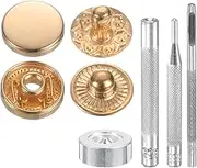 uxcell 24Set Leather Snaps Fasteners Kit 10mm Dia Brass Press-Stud Cap Button 2.76" Length Metal Snap Buttons with 4 Install Tools for Coat Bag Leather Marine Boat Canvas, Gold