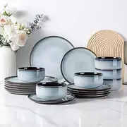 [LeRatio] Dinner Set for 6, 18 Piece Stoneware Plates and Bowls Set, Chip & Scratch Resistant Reactive Glazed Dinnerware Set, Dishwasher & Microwave Safe Crockery Set (Ocean Blue, Service for 6)