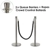 Crowd Barriers Rope Stanchion Set 2 Silver Classic Posts + 1 Black Twisted Rope