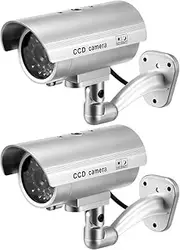 uxcell Fake Security Camera Dummy CCTV Surveillance System with Blinking Red LED Warning Alert Light, Sticker for Home Outdoor Indoor Silver 2pcs