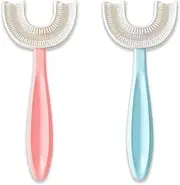 U Shaped Toothbrush Kids 6-12 Years Old- Two Premium Soft Toothbrushes Come with Travel Case & - Sensory Toothbrush - Rounded Toothbrush Kids Size Head Makes Brushing Fun & Easy - 1 Pink, 1 Blue