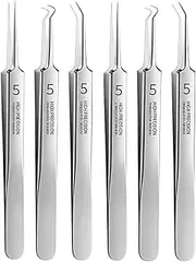 6Pcs Silver Professional Blackhead Tweezer Professional Facial Blackhead Remover Tweezers Precision Extractor Acne Removal Kit Pimple Popper Tool Skin Care Tools Accessories