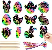 MoBunnly Easter Crafts for Kids, 24 Pack Magic Rainbow Scratch Paper Kit Cute Bunny Scratch Art for Kids Easter Party Favors Gifts Egg Basket Stuffers