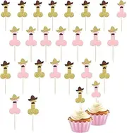 24pcs Glitter Bachelorette Party Cupcake Toppers Happy Birthday Topper, DIY Cake Decorations Engraved Personalized Cake Topper Shower Bachelor Birthday Party Cake Decorations Supplies(Gold, Pink)