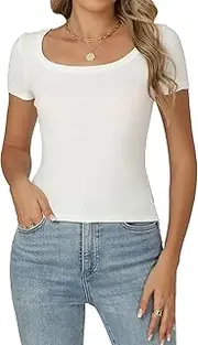 [Famrrifuu] Women's T-Shirt Short Sleeve Ribbed Slim Fit Crop Top with Scoop Neck Bodycon Tops Basic Stretch Plain Shirts for Summer