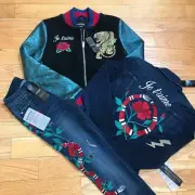 XXS Size 24 Bebe Embroidered Denim Jacket Jean and Bomber 3pc Lot NWT