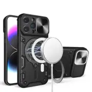 For iPhone 11 6.1 in. Case Magnetic Circle Stand Rear Lens Slide +Tempered Glass