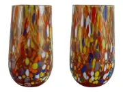 Pair of Murano Glass Drinking Tumbler Red Multi Millefiori 14cm