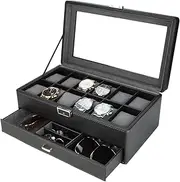 12-Slot Watch Box for Men, Black Leather Watch Case Display with Drawers, 2 Layers Multifunctional Jewelry Storage Holder with Glass Lid Clear Top by Calife