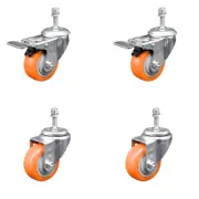 3 Inch SS Orange Poly 3/8 Inch Threaded Stem Caster Set 2 Brake