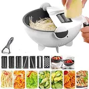 9-in-1 Multi-functional Rotate Vegetable Cutter Manual Slicer Fruit Cutter Mandoline Choppers Veggie Fruit Shredder Grater Large Capacity Vegetable Drainer Draining Basket Carrot Potato Cutting Tool