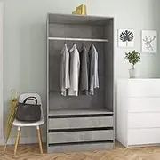 Concrete Grey Wardrobe 100x50x200 cm Engineered Wood Armoire with 2 Drawers and Hanging Rod for Bedroom Storage
