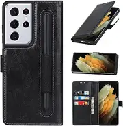 [Cavor] Wallet Case for Samsung Galaxy S21 Ultra 5G Case Crazy Horse Leather Flip Cover with S-Pen Pocket/S Pen Holder and Kickstand Card Slots Shockproof Protective Phone Cases-Black